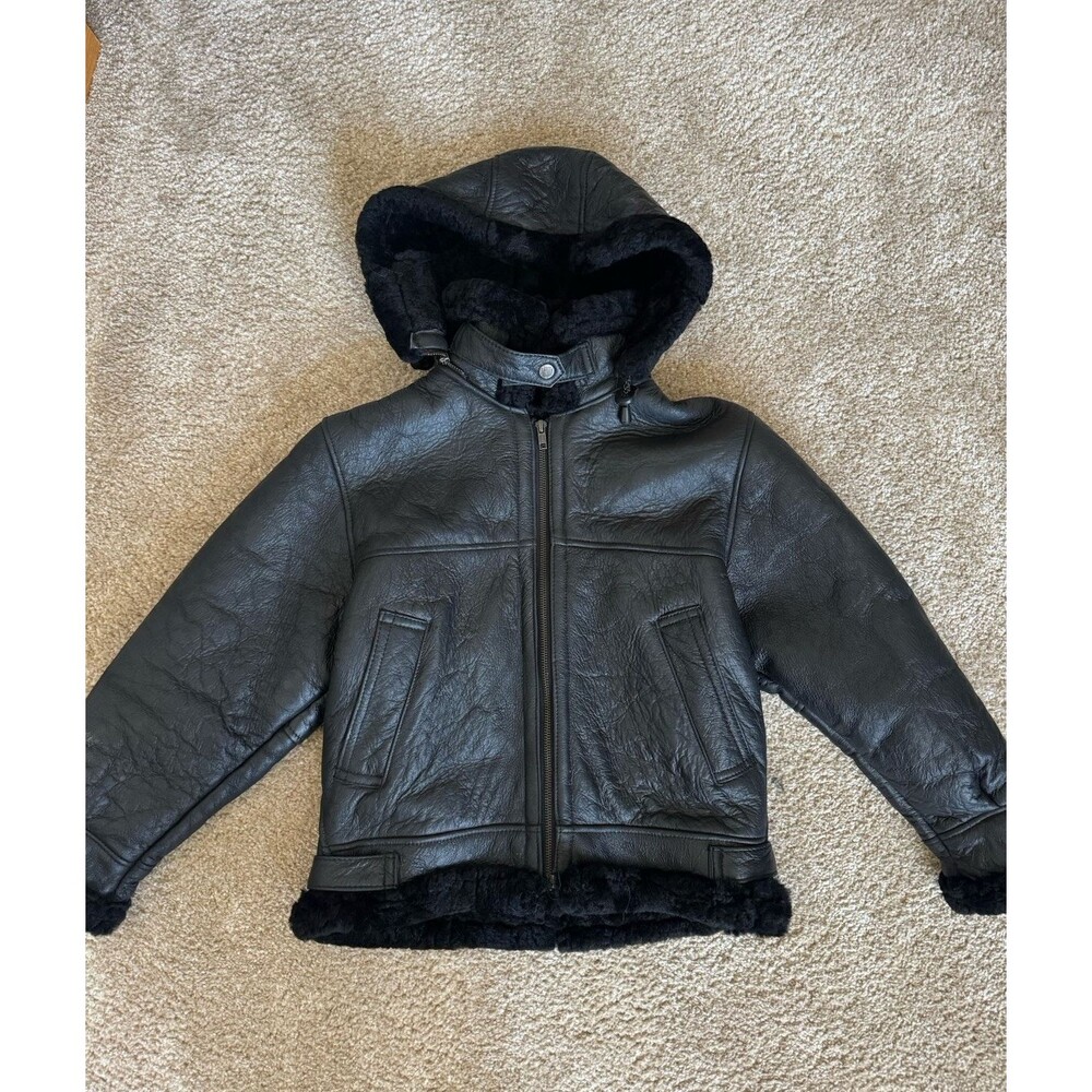 Shearlings Unlimited Kids 8 Black Genuine Shearling Leather Hooded Bomber USA